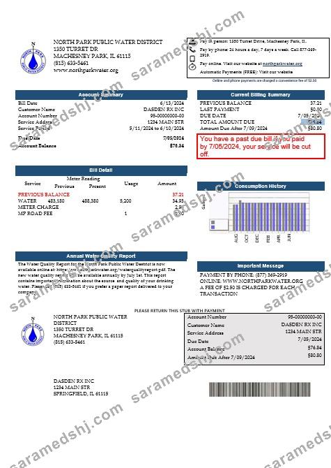 USA Illinois North Park Public Water District IL business utility bill template in Word and PDF formats